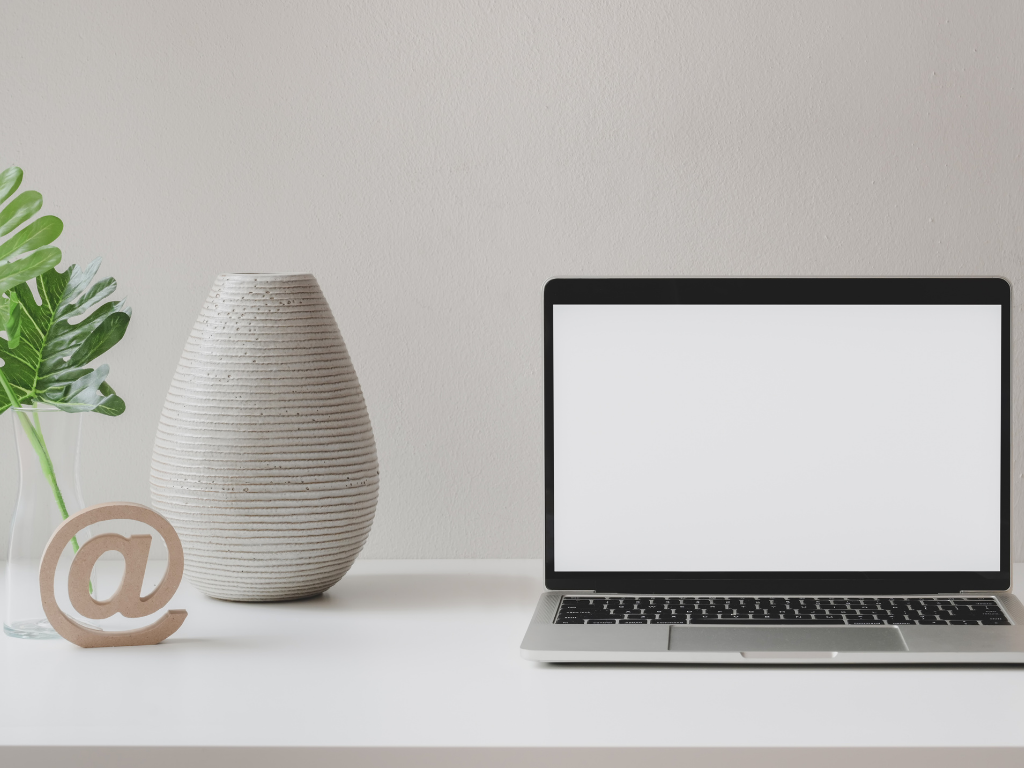 Laptop, vase, fern, and paperweight in the shape of an at sign