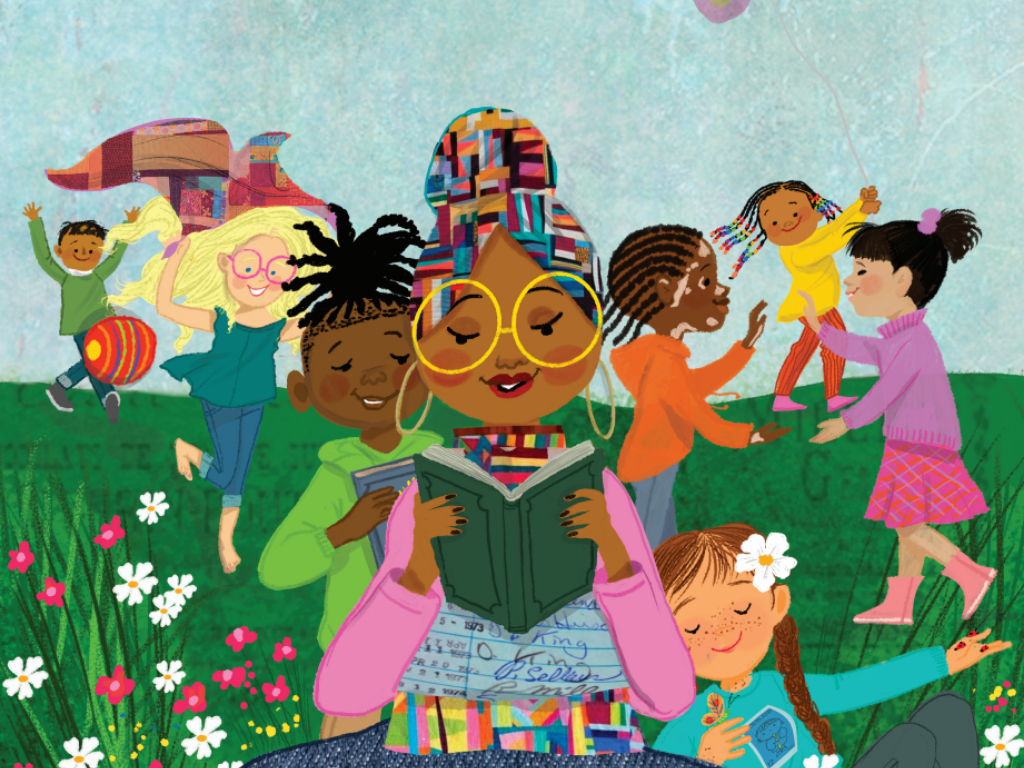 Children playing in a field with a woman reading a book in the foreground