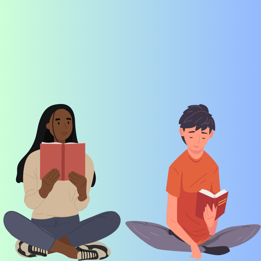 Image of two teens reading a book.