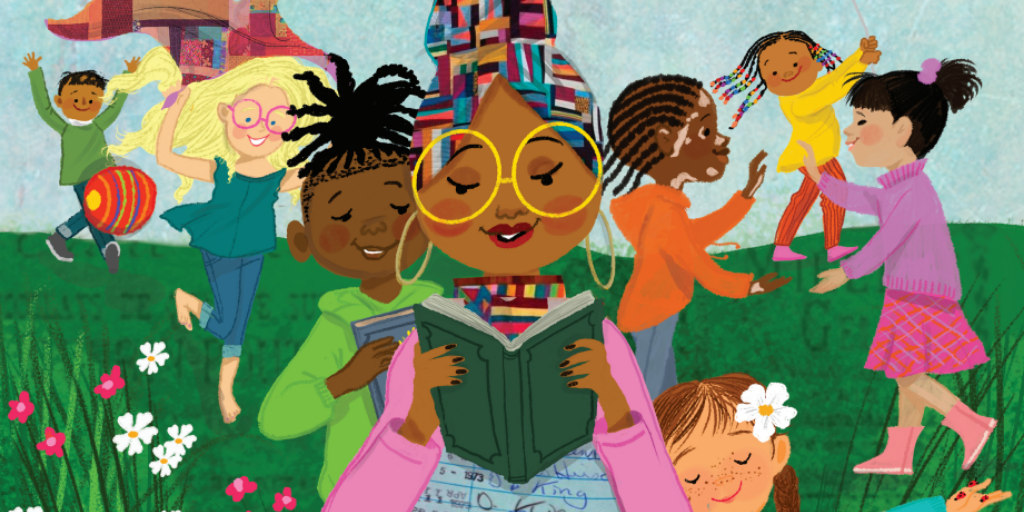 Children playing in a field with a woman reading a book in the foreground