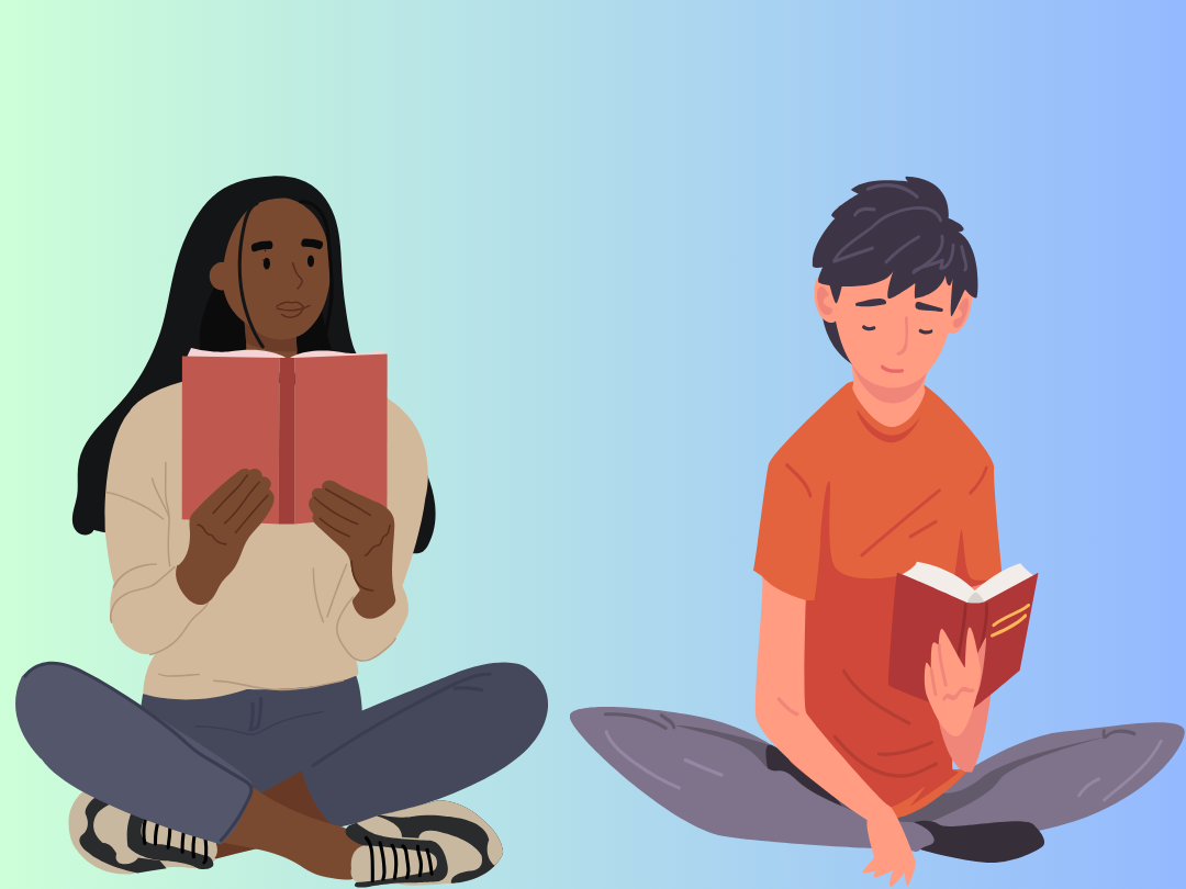 Image of two teens reading a book.