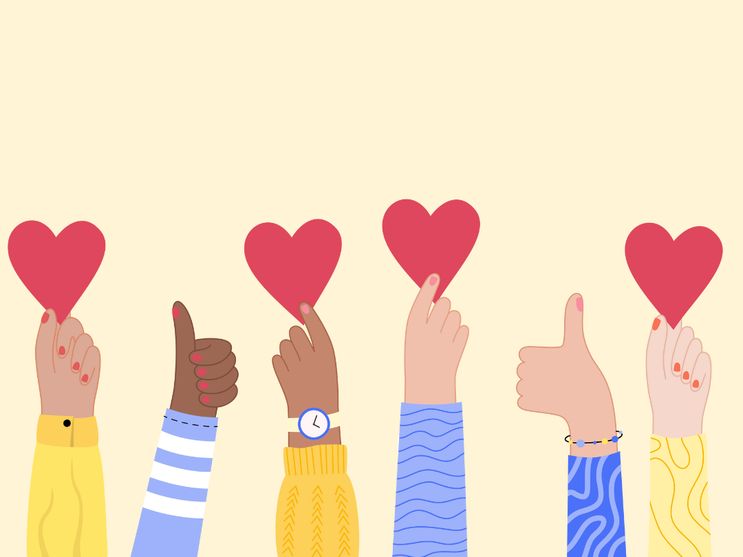 Image of hands holding hearts or giving a thumbs up.